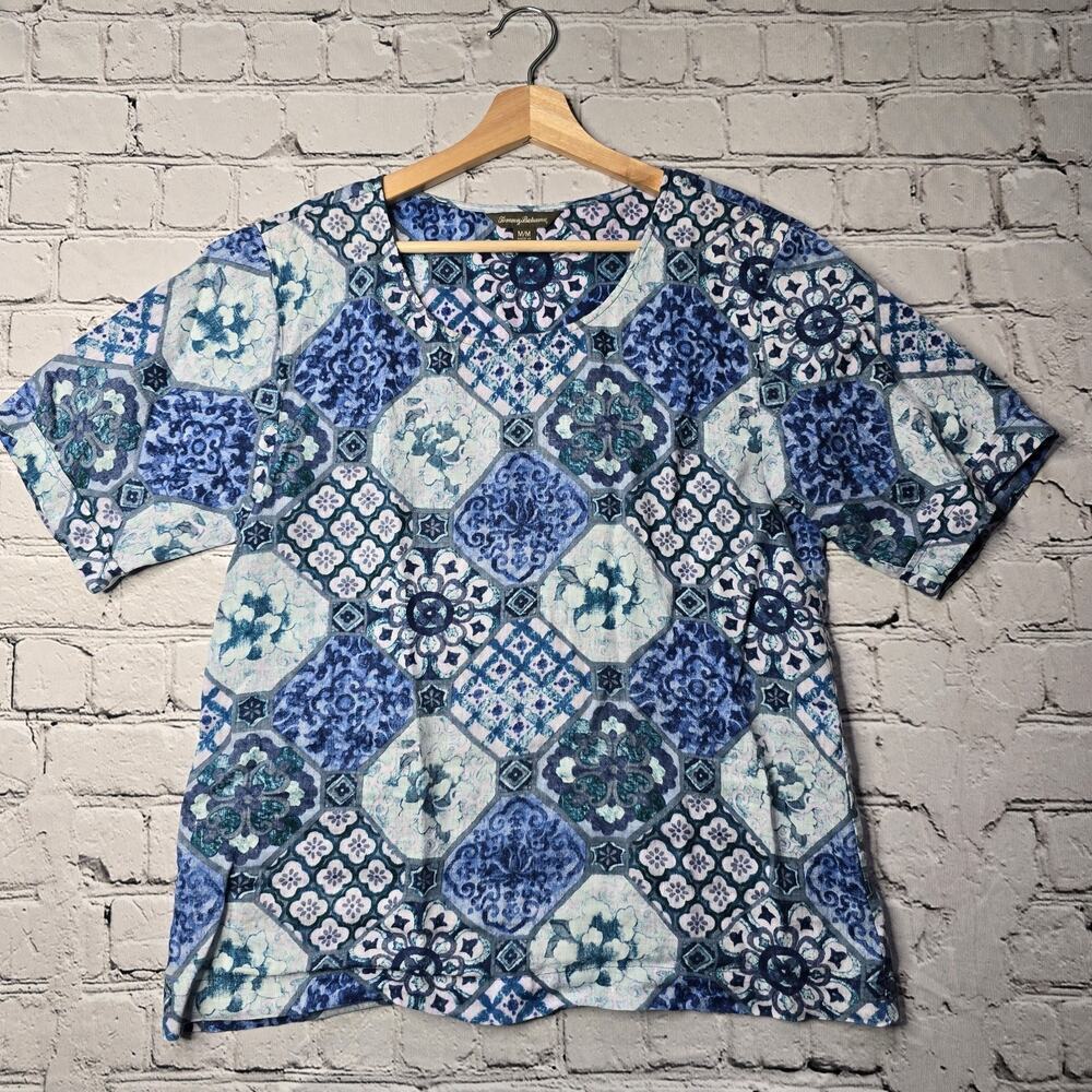 Tommy Bahama 100% Linen Blue Geometric Print Short Sleeve Blouse Size‎ Medium